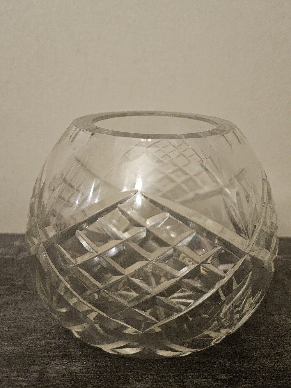 Vintage Crystal Glass Rose Bowl Vase - Pineapple & Diamond Cut Pattern
